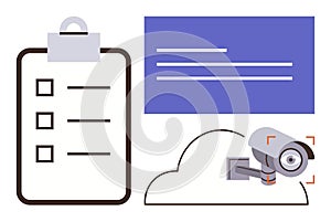 Security Camera, Cloud Storage, and Checklist Representing Data Management and Safety