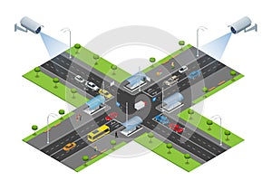 Security camera detects the movement of traffic. CCTV security camera on isometric of traffic jam with rush hour