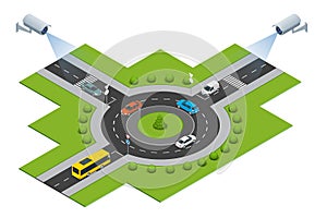 Security camera detects the movement of traffic. CCTV security camera on isometric of traffic jam with rush hour