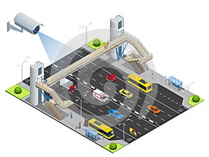 Security camera detects the movement of traffic. CCTV security camera on isometric of traffic jam with rush hour