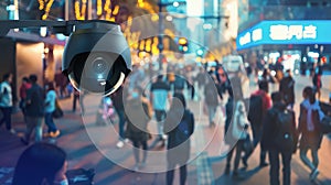 Security camera in the evening city. CCTV security spherical camera monitoring the city street. Video surveillance