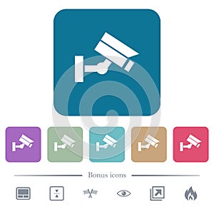 Security camera flat icons on color rounded square backgrounds