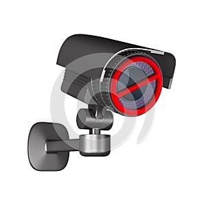 Security camera with forbidden sign on white background. Isolated 3D illustration