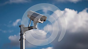 Security camera on lamp tower with blue sky