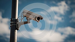 Security camera on lamp tower with blue sky