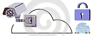 Surveillance camera with cloud technology and security lock icon representing data protection
