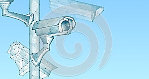 Security camera. low pole illustration. Isolated on blue. Security system