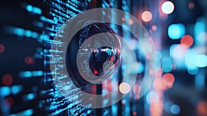 Security camera monitoring binary code in server room