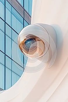 Security camera mounted against a modern building. Surveillance equipment provides cybersecurity, vigilance, and awareness to photo