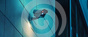 A Security Camera Mounted on a Blue Tile Wall at Night