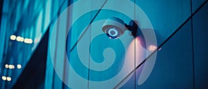 A Security Camera Mounted on a Blue Wall