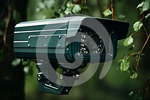 A security camera is mounted among green leaves, surveilling the area with its unblinking lens. This image portrays the