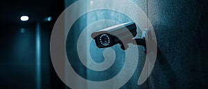 A Security Camera Mounted on a Wall in a Dark Hallway