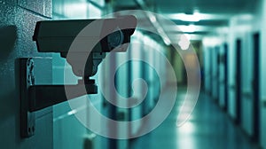 Security Camera Mounted on a Wall in a Hallway