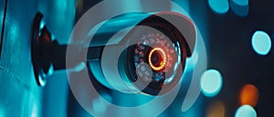 A Security Camera Mounted on a Wall with a Red LED Ring