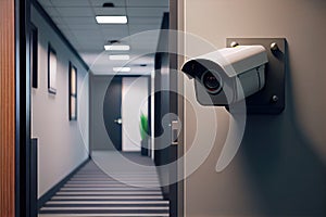 security camera in office hallway, with view of the entrance and exit