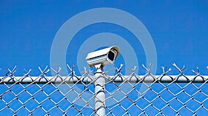 Security camera overlooking a chain-link fence topped with barbed wire against a clear sky.