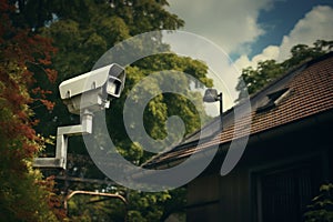 A security camera, overlooking from its high vantage point, ensures the monitoring of a property against a cloudy