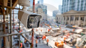 Security camera overseeing busy construction site in an urban environment