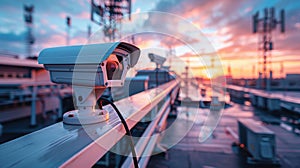 Security camera overseeing city infrastructures against a vibrant sunset sky