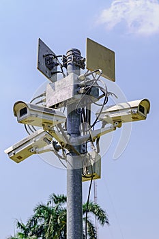 security camera on pole with blue sky background