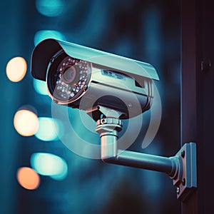 Security camera on a pole in front of city lights, AI