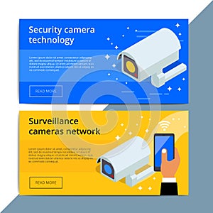 Security camera promo web banner ad. Video surveillance equipment promotion advertisement layout. CCTV device with wireless