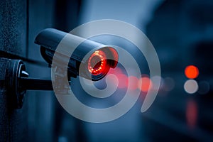 Security camera with red indicator light in an urban environment at dusk