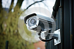 Security camera on the wall of a building in the city, close-up, CCTV Security Camera for private home, AI Generated