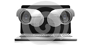 Security Cameras CCTV on a computer laptop screen isolated on white background. 3d illustration