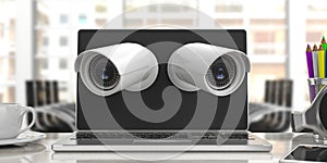 Security Cameras CCTV on a computer laptop screen screen, blur business office background. 3d illustration