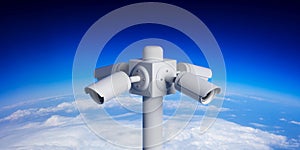 Security Cameras CCTV on pole on blue sky background. 3d illustration