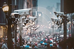 Security cameras poised above crowds of people on a busy city street collecting data. Generative AI illustration