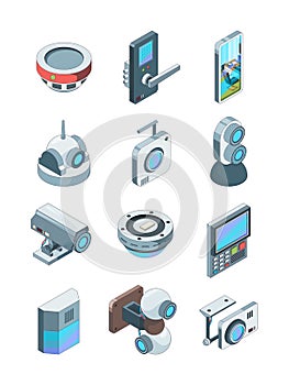 Security cameras. Smart wireless alarm home secure cctv device surveillance vector isometric pictures isolated