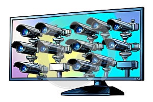 Security cameras stick out of computer monitor