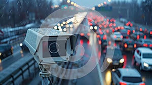 Security CCTV camera has focus and recording lot of car on the road with traffic jam at night city