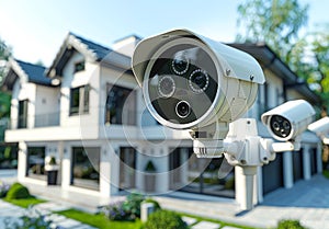 Security CCTV camera and house on the background