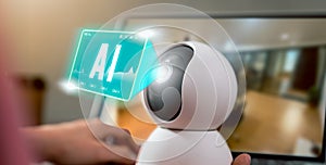 Security CCTV camera, surveillance technology and show application Artificial Intelligence AI tools icon on screen display.