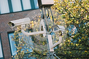 Security cctv surveillance cameras in the city concept for counter-terrorism, protesters, antiterrorism and protection from crime