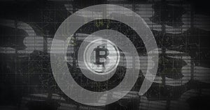 Security chain icon and bitcoin symbol over network of connections against black background