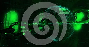 Security chain over spinning globe on black background