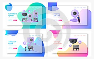 Security Characters Monitoring Surveillance System Landing Page Template Set. Tiny Men at Huge Video Camera