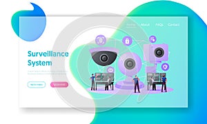 Security Characters Monitoring Surveillance System Landing Page Template. Tiny Men at Huge Video Camera
