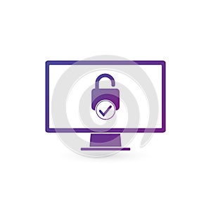 Security Computer Lock with checkmark Icon, password protected data concept. Vector illustration isolated on white background.