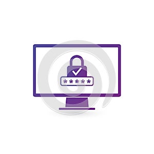 Security Computer Lock with checkmark Icon, password protected data concept. Vector illustration isolated on white background.