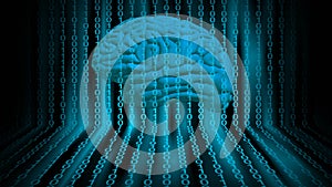 Security concept in bright blue design - human brain in digital background behind tapes of binary code