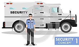 Security concept. Detailed illustration of armored car and security guard on white background in flat style. Vector