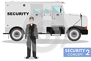 Security concept. Detailed illustration of armored car and security guard on white background in flat style. Vector