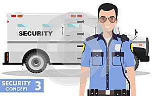 Security concept. Detailed illustration of armored car and security guard on white background in flat style. Vector