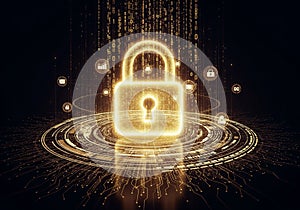 Security Glowing Padlock Digital Data Protection Concept with Abstract Cyber Network and Flowing Binary Code on a Dark Background